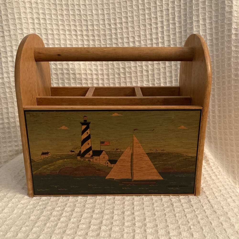 Warren Kimble Wooden Cutlery Holder With Sailboat & Lighthouse Scene